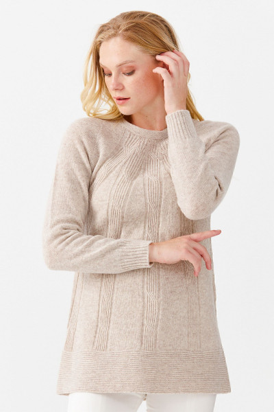 Kadın Sıfır Yaka Yürütme Desenli Kazak V.bej