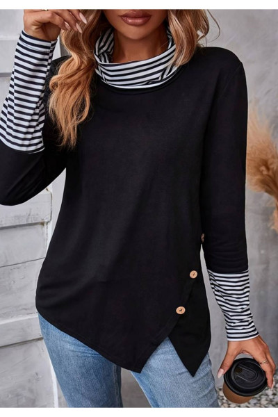 Kadın Uzun Kollu Balıkçı Yaka, Yaka Ve Kol Uçları Şerit Detay Bluz Kadın Uzun Kollu Balıkçı Yaka, Yaka Ve Kol Uçları Şerit Detay Bluz