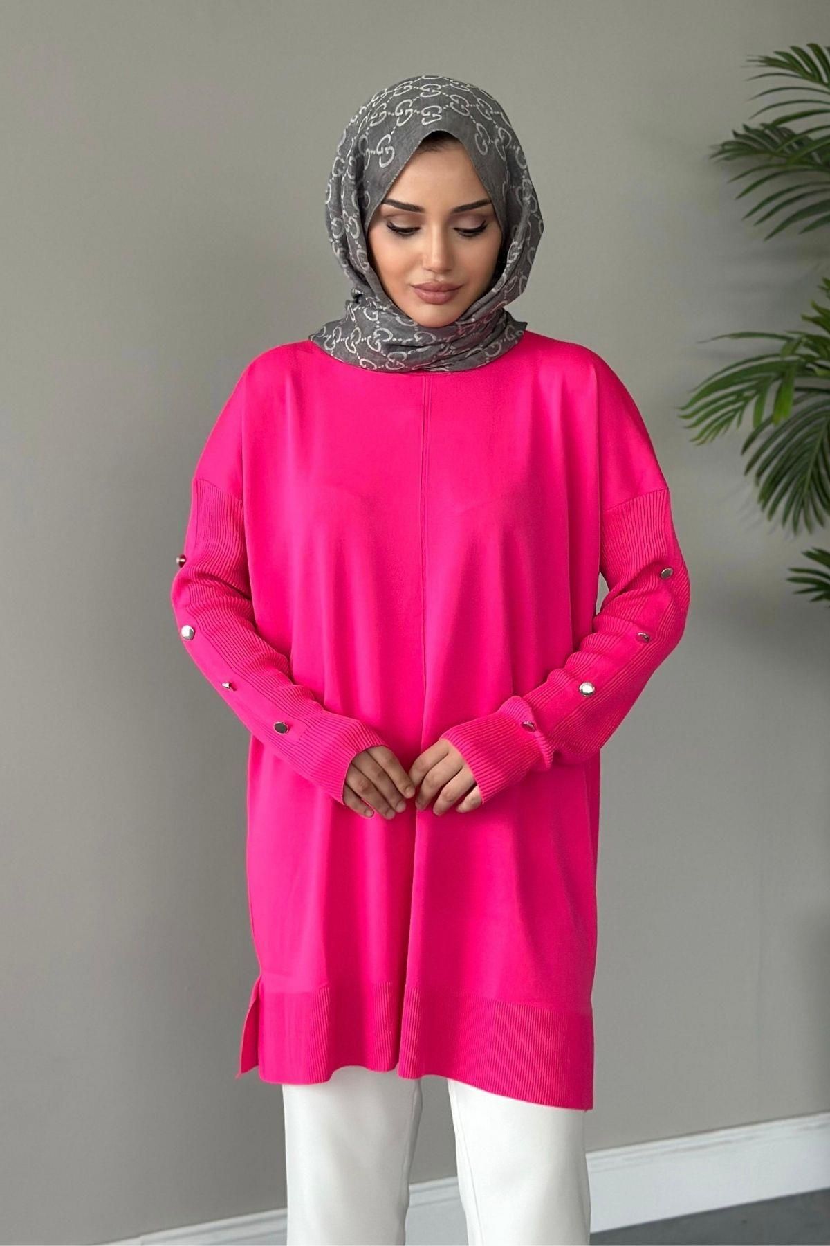 Metal Düğmeli Merserize Tunik Pembe Metal Düğmeli Merserize Tunik Pembe