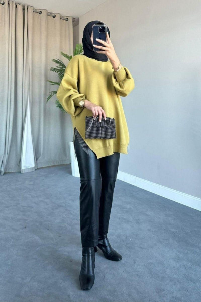 Yarı Zincirli Triko Kazak Yağ Yeşili Yarı Zincirli Triko Kazak Yağ Yeşili