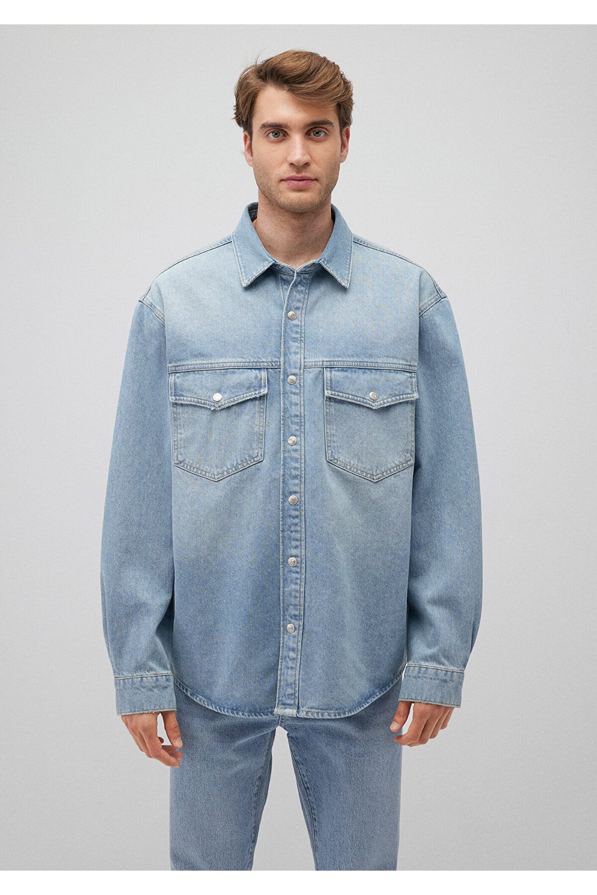 Ross 90lar Puslu Açık Jean Gömlek Oversize / Geniş Kesim 0210031-82947