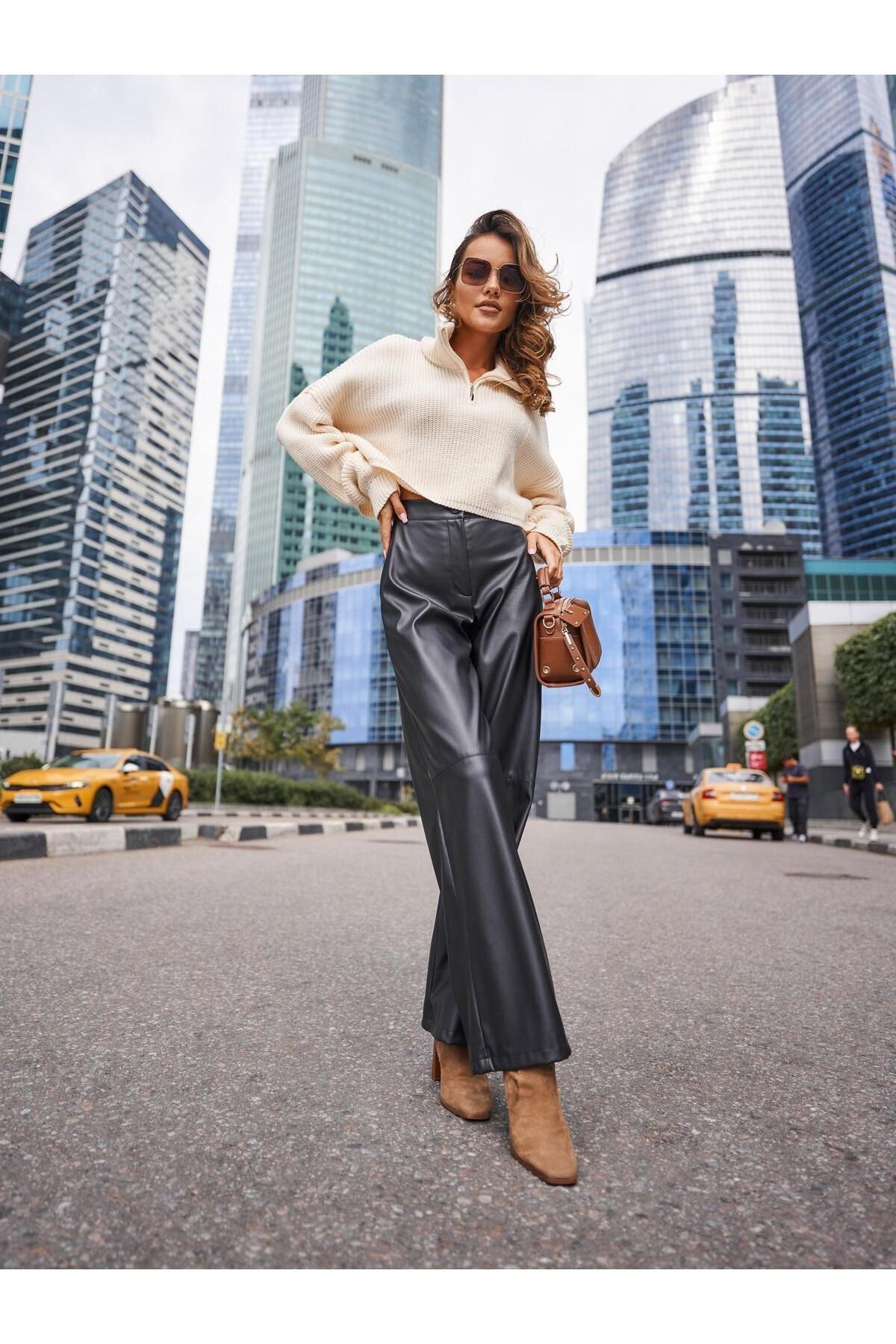 Kadın Oversize Fermuarlı Crop Triko Kazak