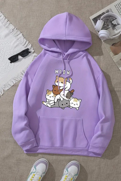 Meow Tatlı Kediler Baskılı Oversize Sweatshirt Meow Tatlı Kediler Baskılı Oversize Sweatshirt