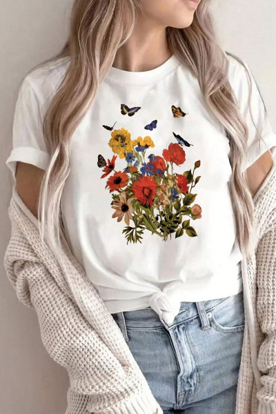 Unisex Flowers Baskılı Oversize Tshirt Unisex Flowers Baskılı Oversize Tshirt