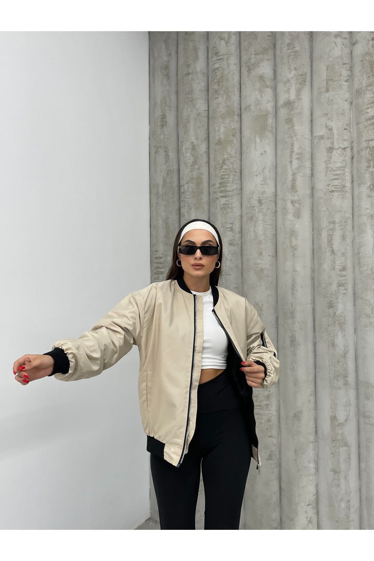 Unisex Bej Oversize Bomber Ceket LQ0002 Unisex Bej Oversize Bomber Ceket LQ0002