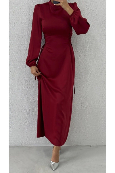 Yandan Çapraz Bağlamalı Saten Tesettür Abiye Bordo