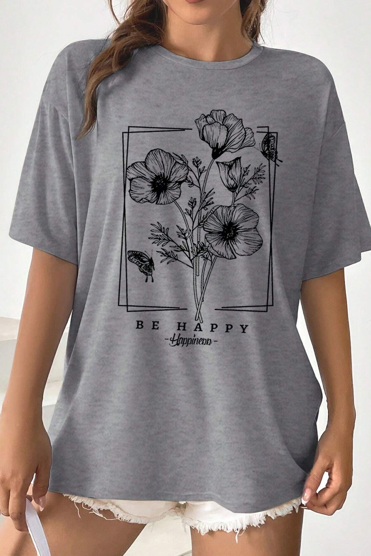 Unisex Be Happy Baskılı Oversize Tshirt Unisex Be Happy Baskılı Oversize Tshirt