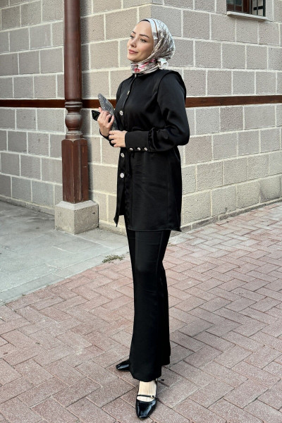 Saten Kuşaklı Taşlı Pantolunlu Takım - Siyah Saten Kuşaklı Taşlı Pantolunlu Takım - Siyah