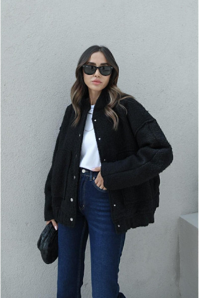 Siyah Büyük Cepli Oversize Astarlı Buklet Bomber Ceket Mont Siyah Büyük Cepli Oversize Astarlı Buklet Bomber Ceket Mont
