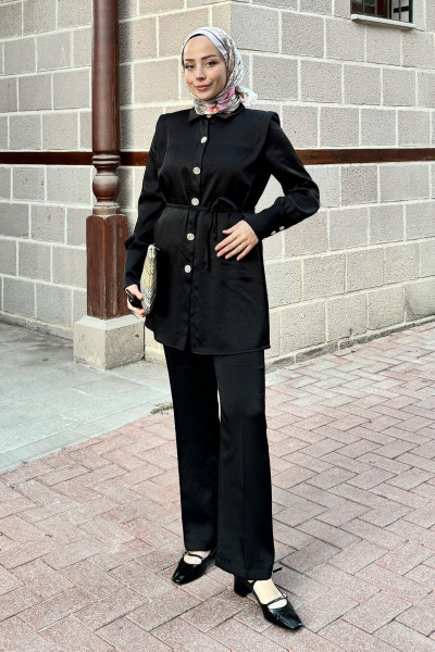 Saten Kuşaklı Taşlı Pantolunlu Takım - Siyah