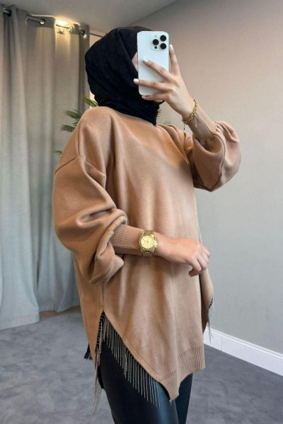 Yarı Zincirli Triko Kazak Sütlü Kahve Yarı Zincirli Triko Kazak Sütlü Kahve