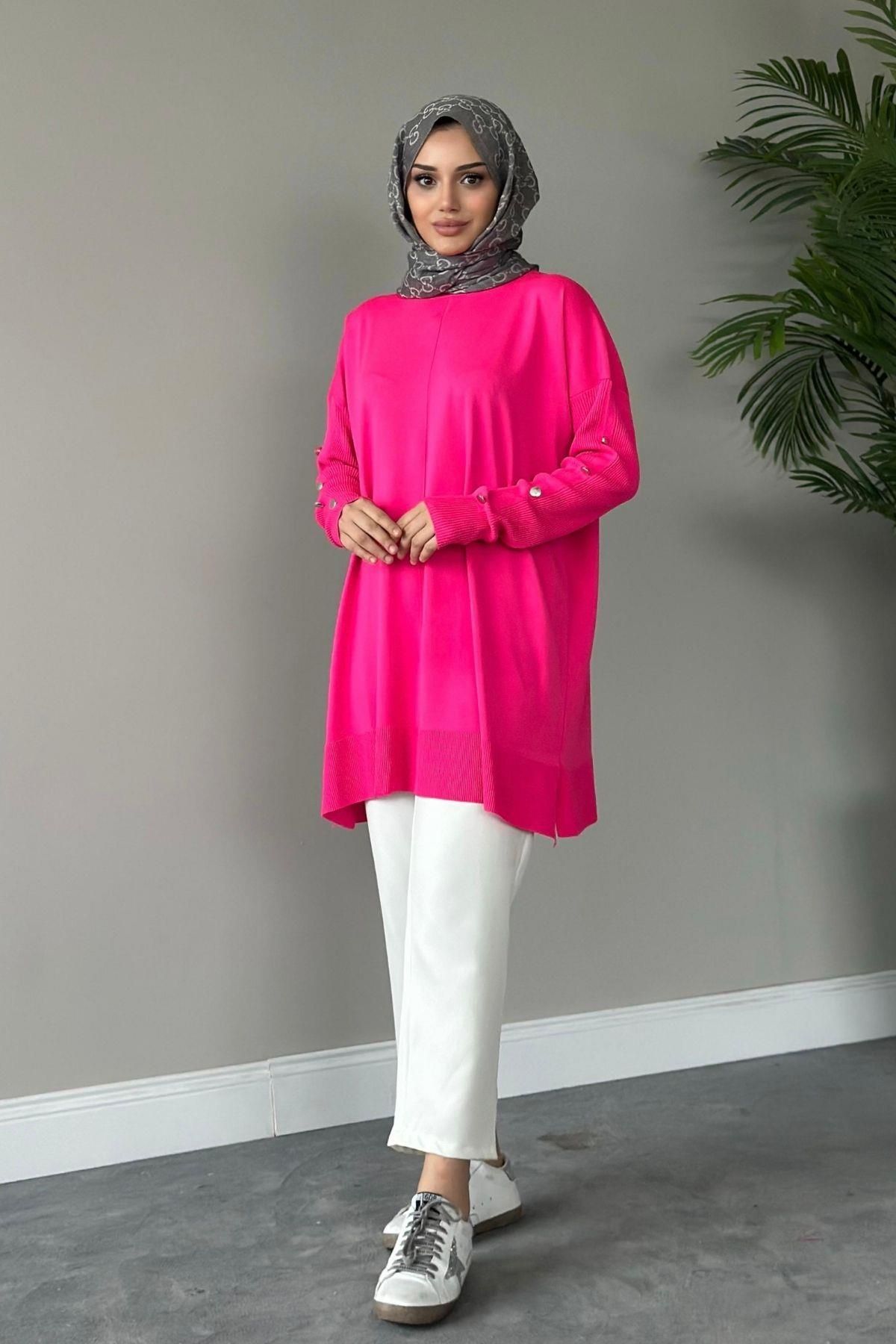 Metal Düğmeli Merserize Tunik Pembe Metal Düğmeli Merserize Tunik Pembe