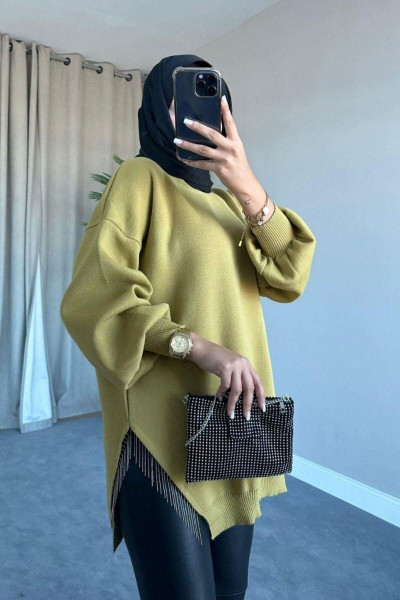 Yarı Zincirli Triko Kazak Yağ Yeşili Yarı Zincirli Triko Kazak Yağ Yeşili