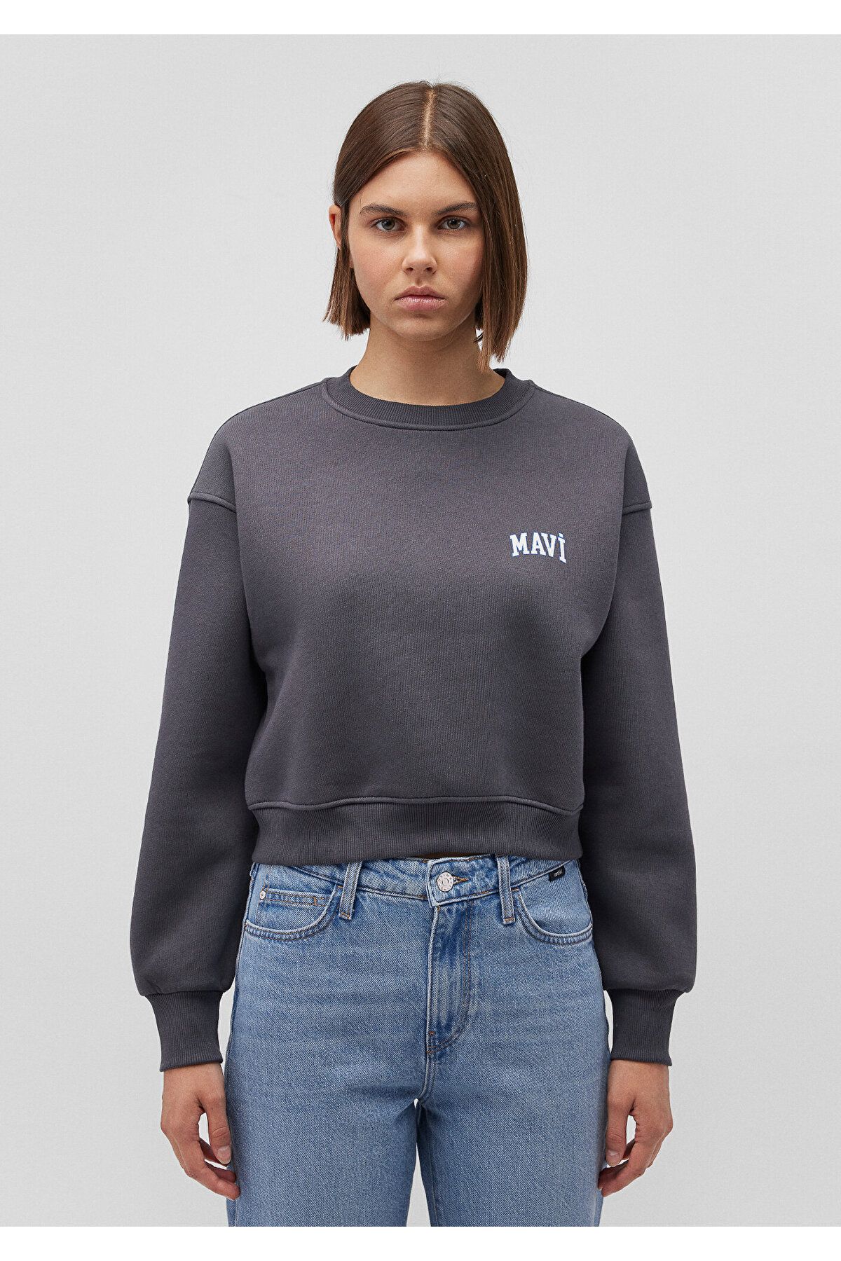 Logo Baskılı Antrasit Crop Sweatshirt 1611601-70763