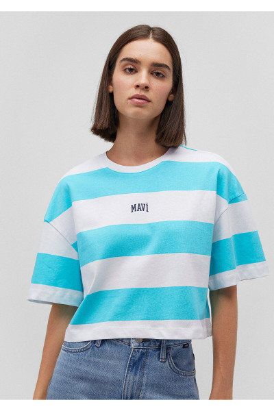 Logo Baskılı Çizgili Crop Tişört Crop / Kısa Kesim 1612229-86677 Logo Baskılı Çizgili Crop Tişört Crop / Kısa Kesim 1612229-86677