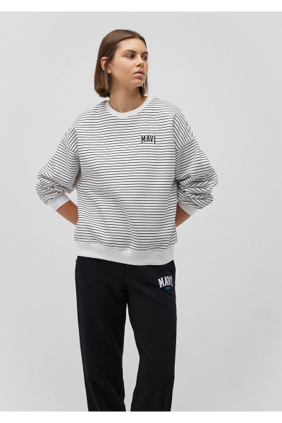 Logo Baskılı Çizgili Beyaz Sweatshirt 1s10100-85386 Logo Baskılı Çizgili Beyaz Sweatshirt 1s10100-85386