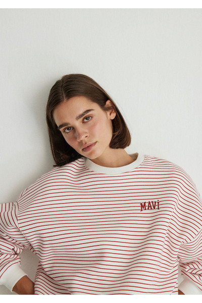 Logo Baskılı Kırmızı Çizgili Sweatshirt 1s10100-86680 Logo Baskılı Kırmızı Çizgili Sweatshirt 1s10100-86680
