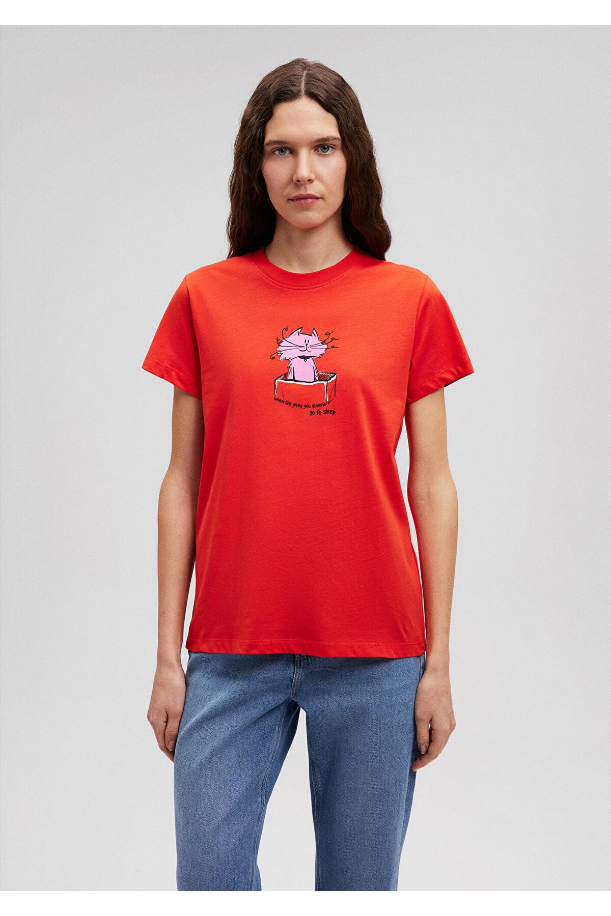 Kedi Baskılı Kırmızı Tişört Slim Fit / Dar Kesim 1612204-84584 Kedi Baskılı Kırmızı Tişört Slim Fit / Dar Kesim 1612204-84584