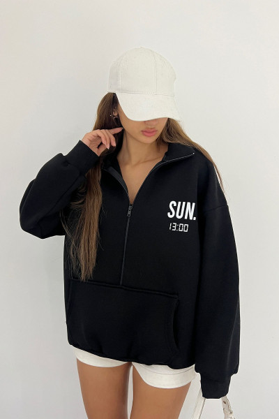 Siyah Unisex Dik Yaka Fermualı Oversize 3 Iplik İçi Şardonlu Baskılı Sweatshirt