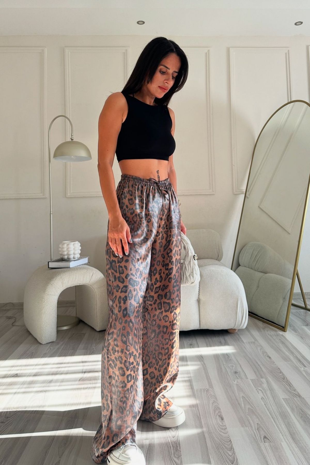 Kahve Leopar Desenli Bol Paça Pantolon Kahve Leopar Desenli Bol Paça Pantolon
