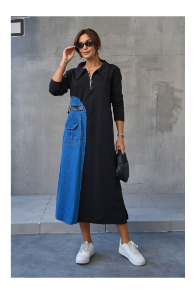 Siyah Jean Detaylı Kemerli Elbise Siyah Jean Detaylı Kemerli Elbise