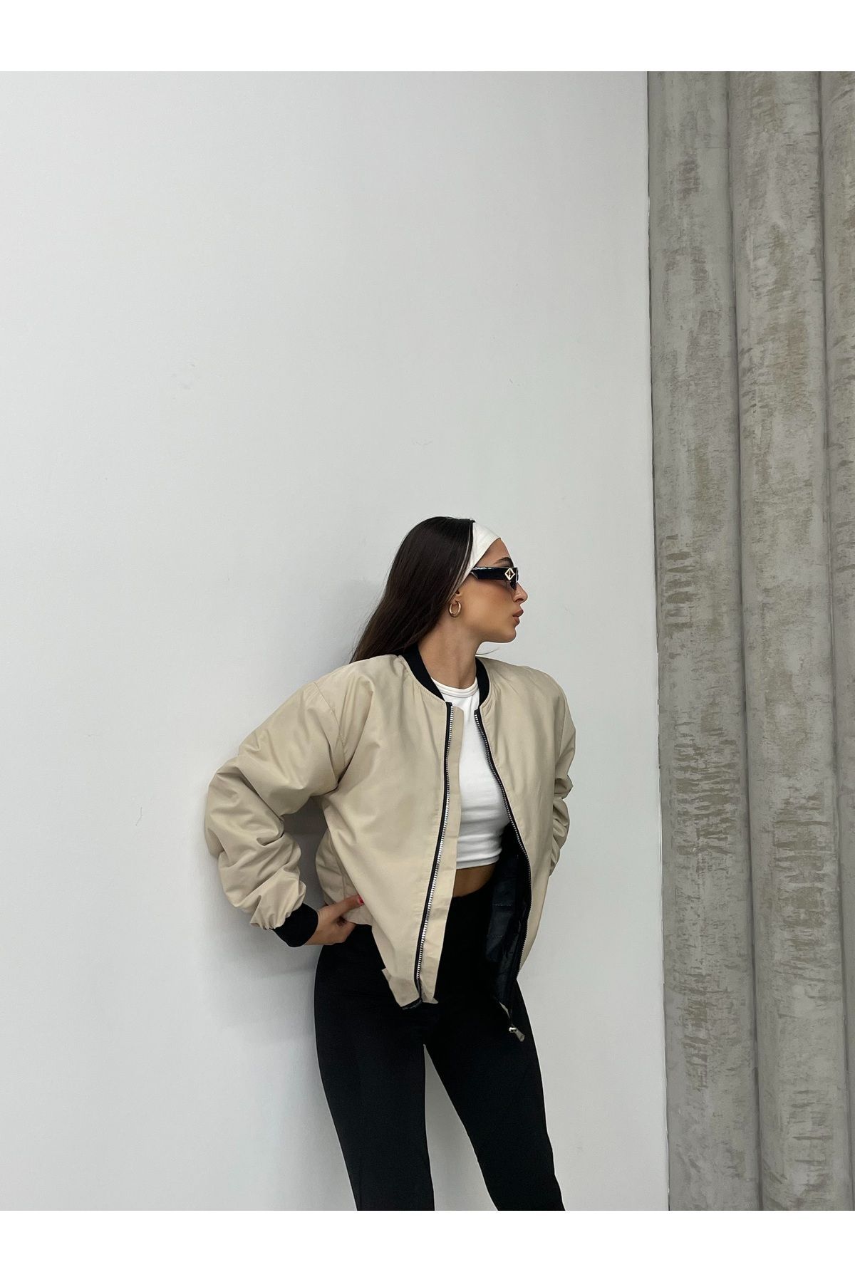 Unisex Bej Oversize Bomber Ceket LQ0002 Unisex Bej Oversize Bomber Ceket LQ0002