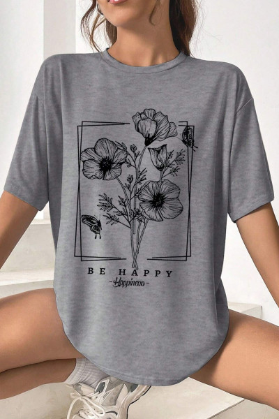 Unisex Be Happy Baskılı Oversize Tshirt Unisex Be Happy Baskılı Oversize Tshirt
