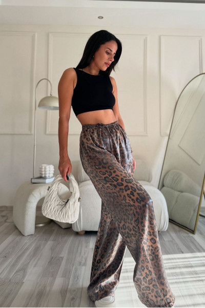 Kahve Leopar Desenli Bol Paça Pantolon