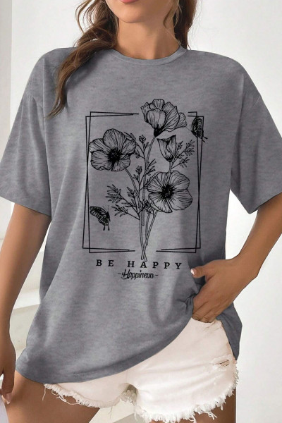 Unisex Be Happy Baskılı Oversize Tshirt Unisex Be Happy Baskılı Oversize Tshirt