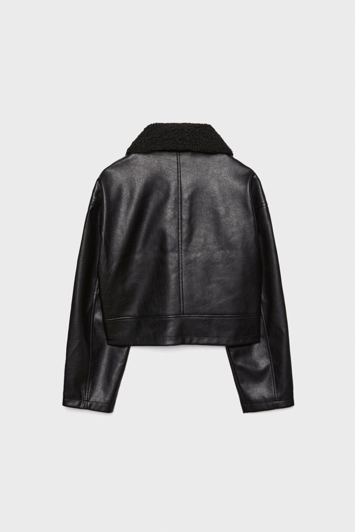 Kontrast yakalı suni deri ceket