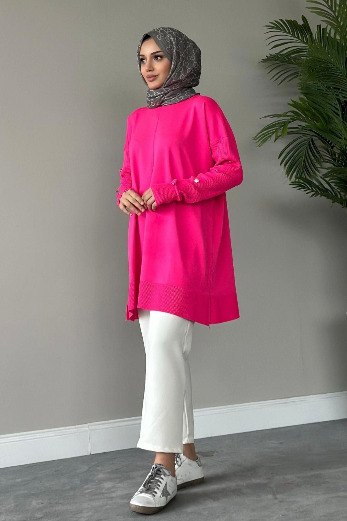Metal Düğmeli Merserize Tunik Pembe Metal Düğmeli Merserize Tunik Pembe