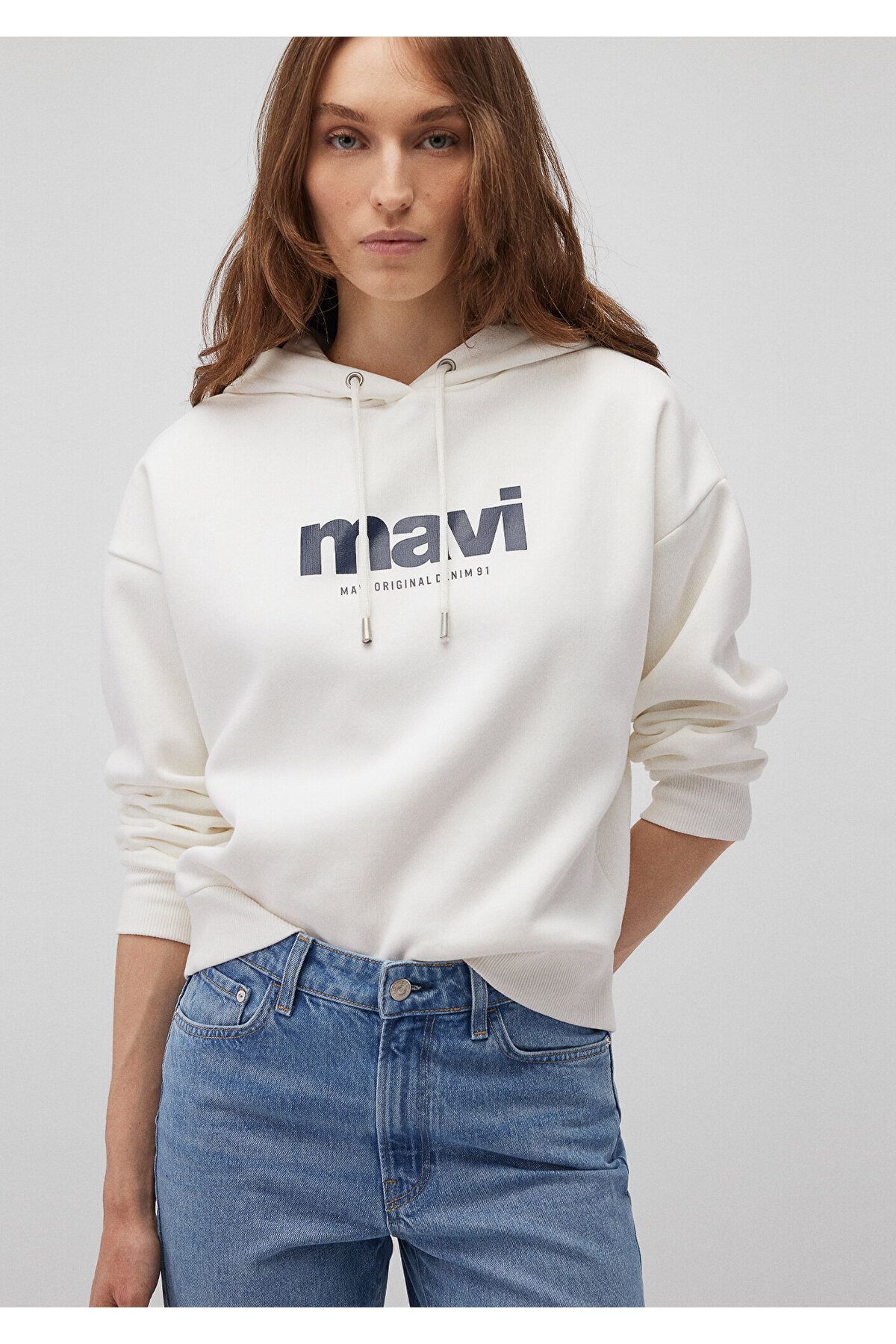 Logo Baskılı Kapüşonlu Ekru Sweatshirt 168334-81964