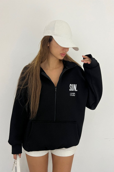 Siyah Unisex Dik Yaka Fermualı Oversize 3 Iplik İçi Şardonlu Baskılı Sweatshirt