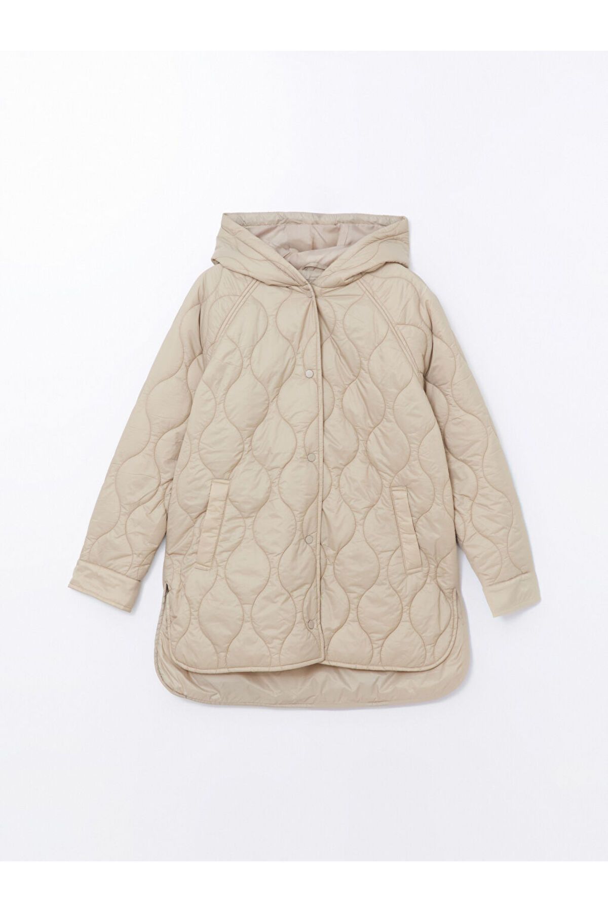 LCWAIKIKI Classic Bej Kapüşonlu Kendinden Desenli Oversize Kadın Şişme Mont