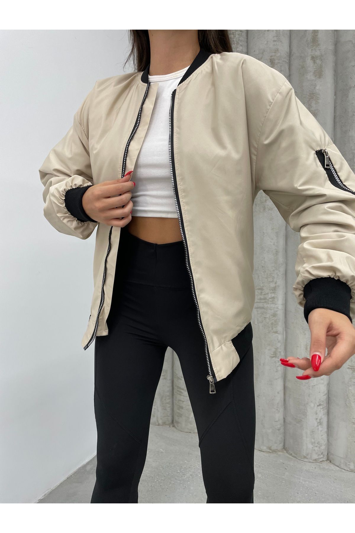 Unisex Bej Oversize Bomber Ceket LQ0002 Unisex Bej Oversize Bomber Ceket LQ0002