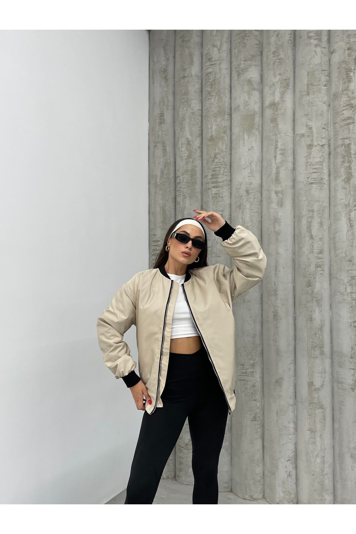 Unisex Bej Oversize Bomber Ceket LQ0002 Unisex Bej Oversize Bomber Ceket LQ0002