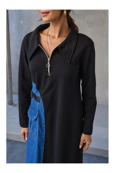 Siyah Jean Detaylı Kemerli Elbise Siyah Jean Detaylı Kemerli Elbise