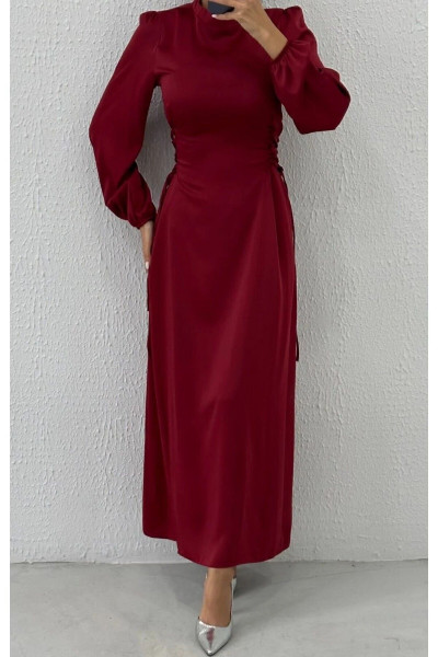 Yandan Çapraz Bağlamalı Saten Tesettür Abiye Bordo