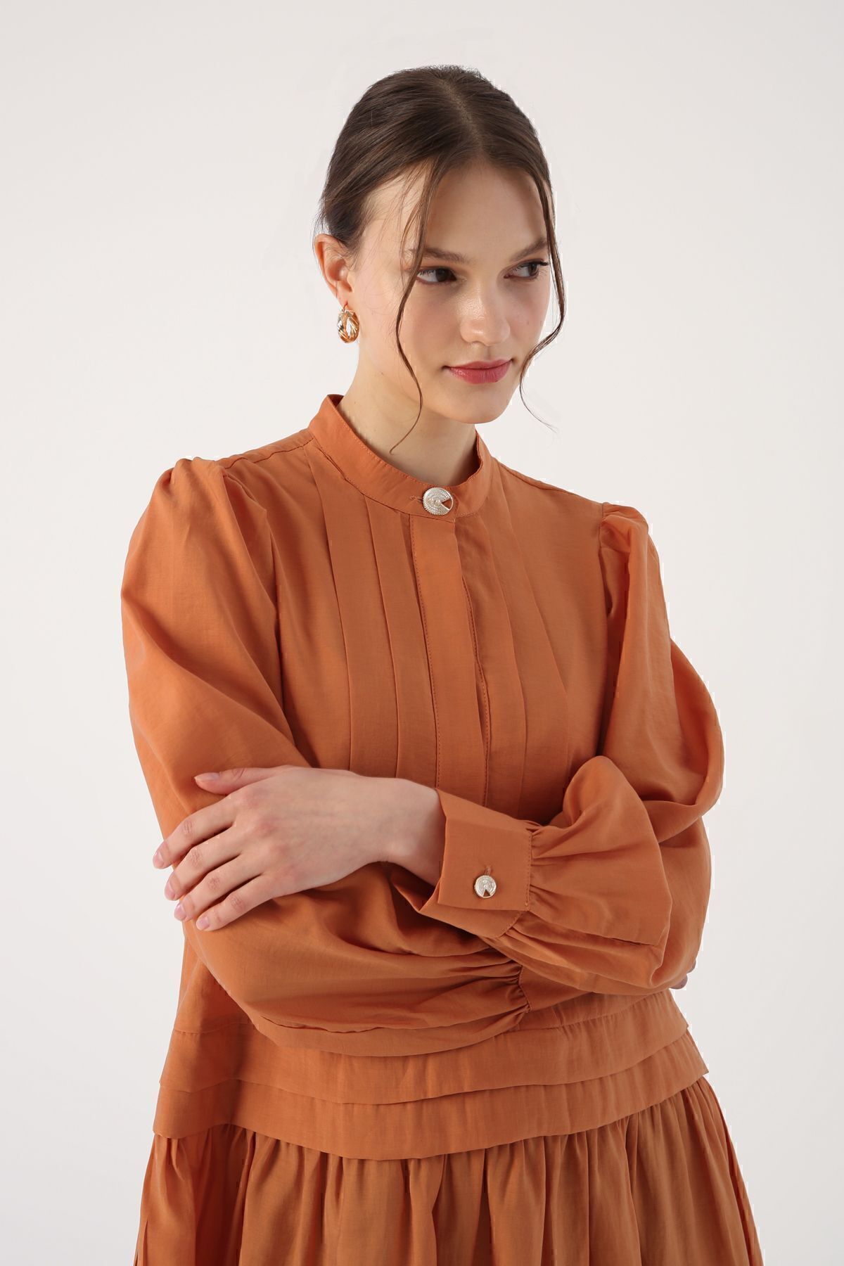 Tarçın Pile Detaylı Gömlek Tunik Tarçın Pile Detaylı Gömlek Tunik