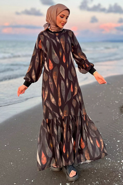 Siyah Tesettür Desenli Kol Ribanalı Şifon Elbise