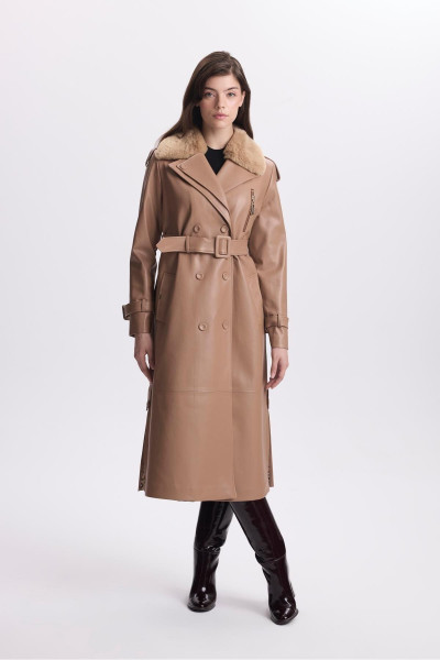 Kürk Yaka Fermuar Detaylı Deri Camel Trençkot 13527 Kürk Yaka Fermuar Detaylı Deri Camel Trençkot 13527