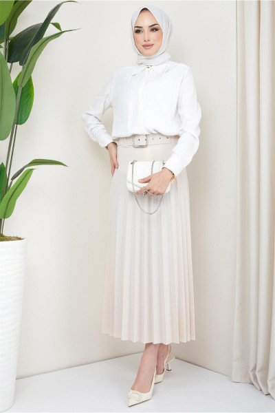 Kemerli Piliseli Etek Ekru Kemerli Piliseli Etek Ekru