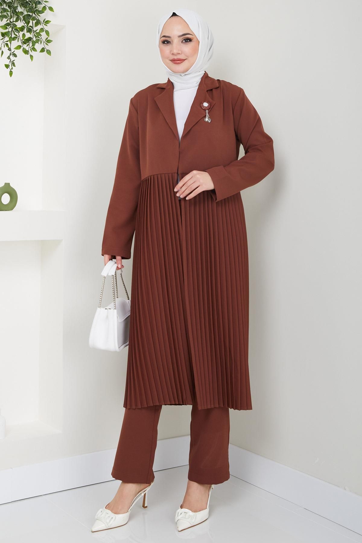 Piliseli Ceketli İkili Takım Kahverengi HM2396 Piliseli Ceketli İkili Takım Kahverengi HM2396