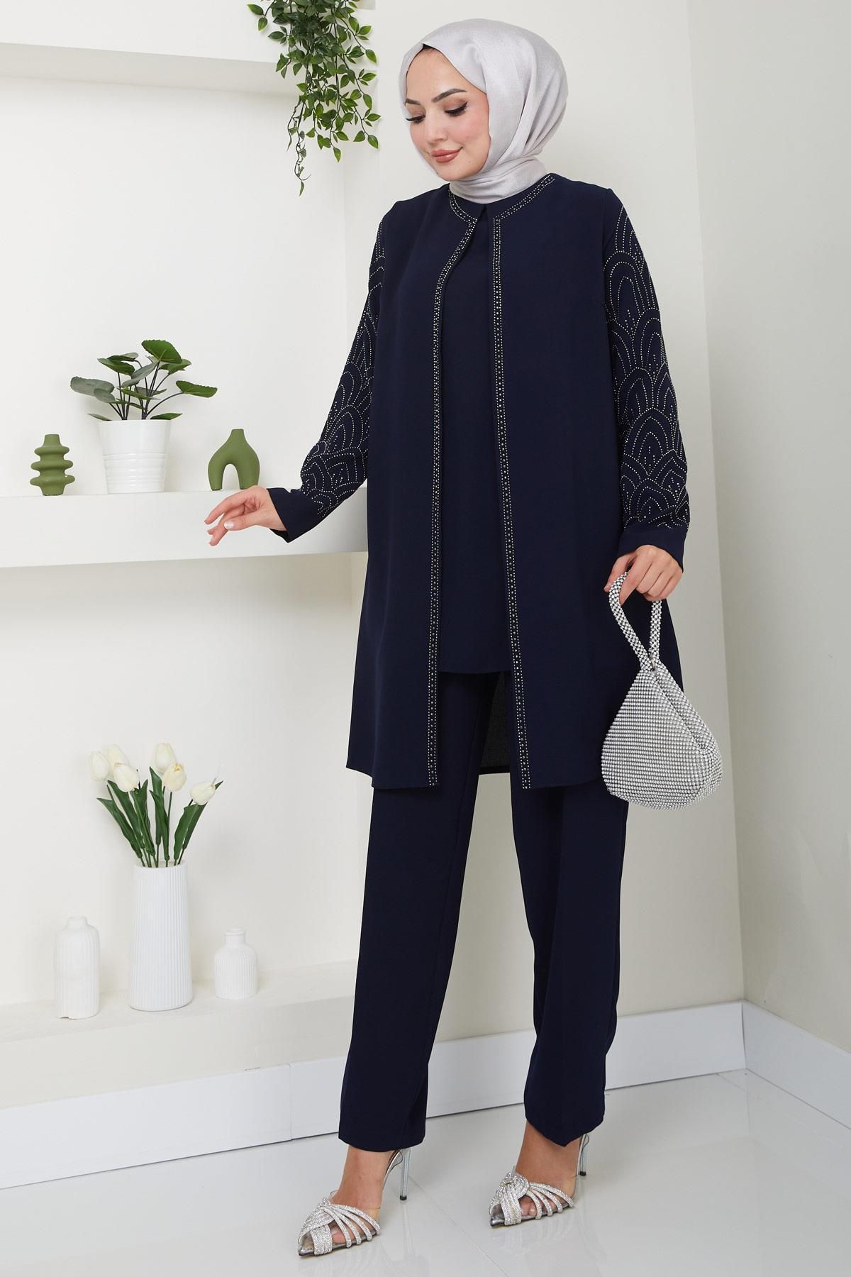 Kolları Taşlı Büyük Beden Takım İkili Anne Takımı Lacivert HM2504 Kolları Taşlı Büyük Beden Takım İkili Anne Takımı Lacivert HM2504