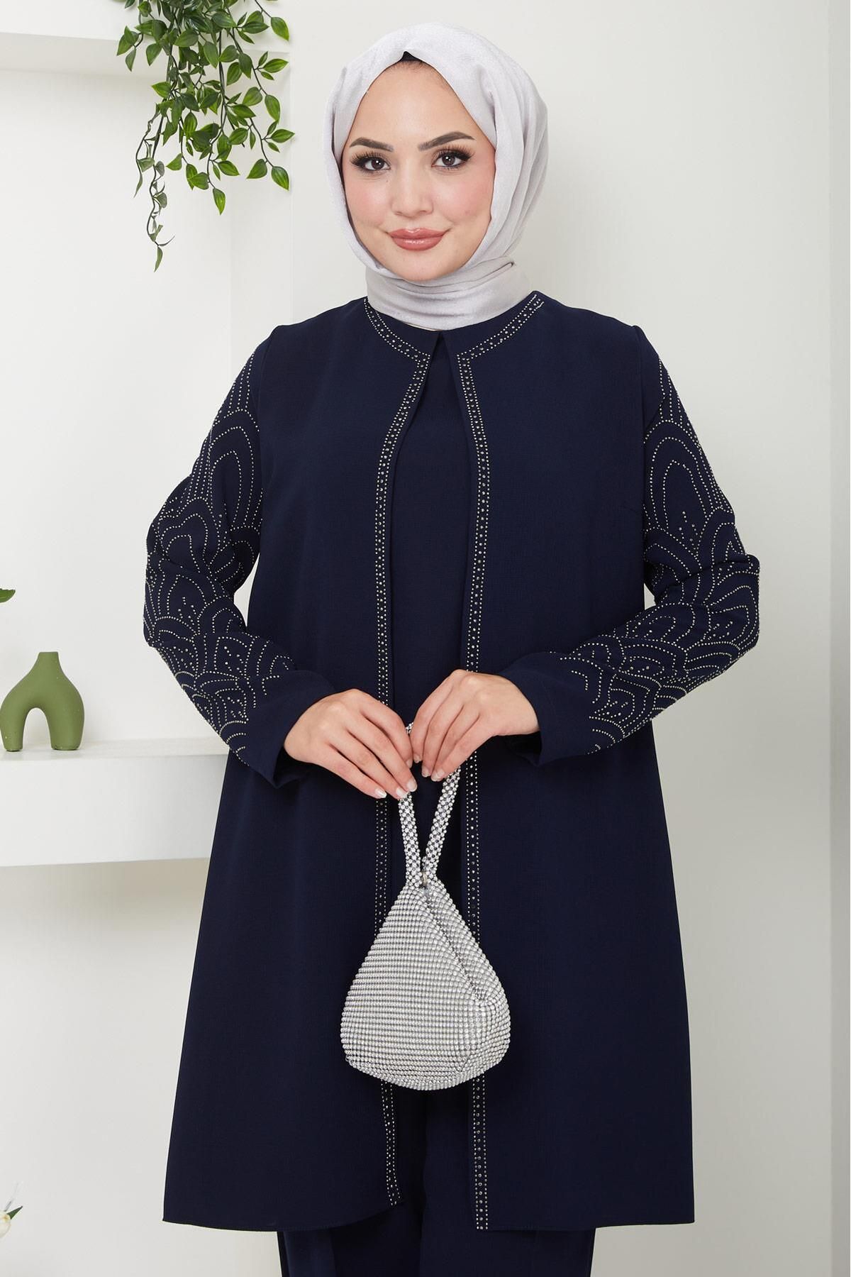 Kolları Taşlı Büyük Beden Takım İkili Anne Takımı Lacivert HM2504 Kolları Taşlı Büyük Beden Takım İkili Anne Takımı Lacivert HM2504