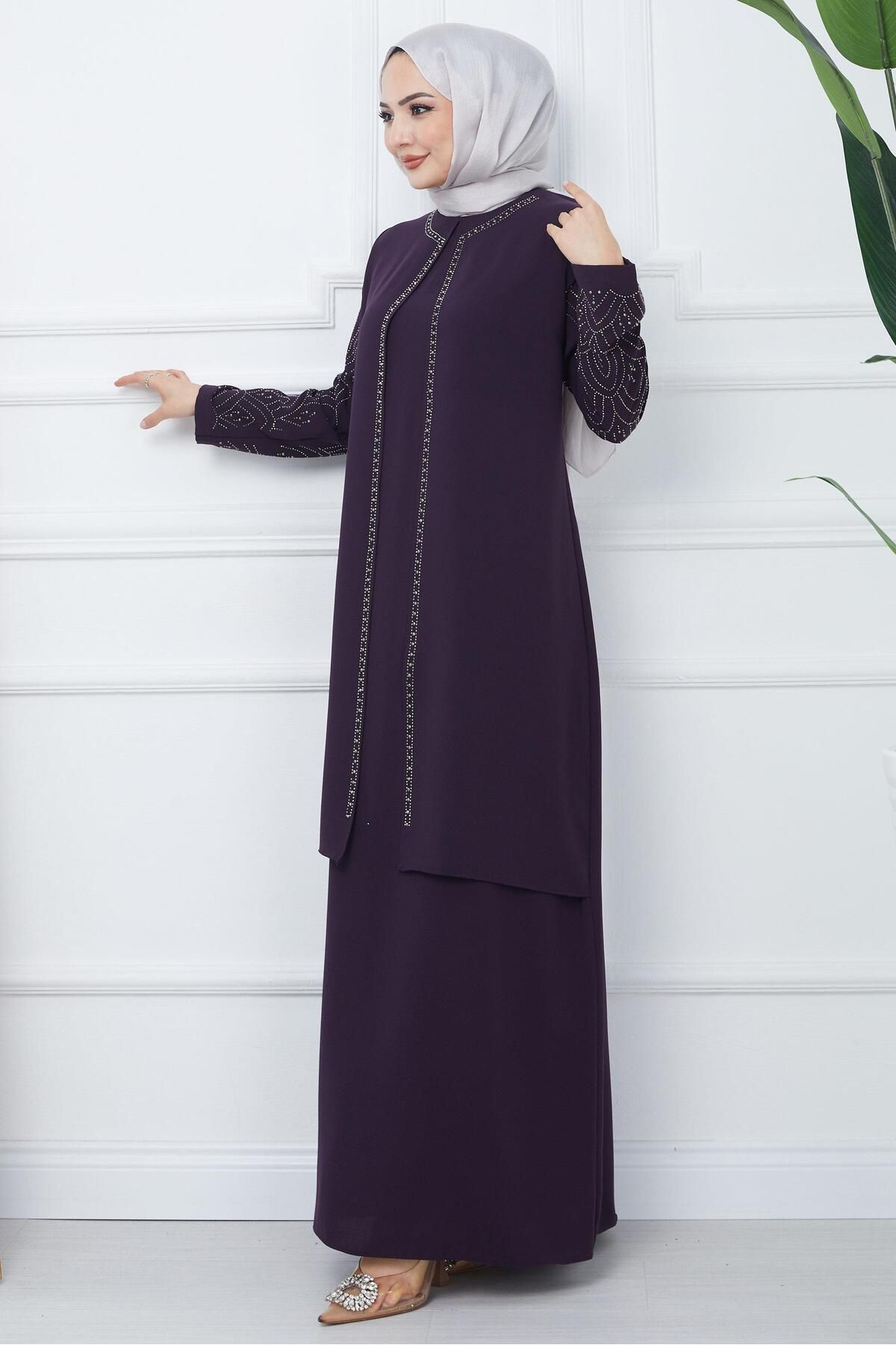 Kolları Taşlı Büyük Beden Anne Elbisesi Mor HM2349 Kolları Taşlı Büyük Beden Anne Elbisesi Mor HM2349