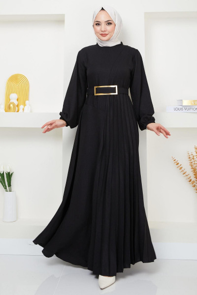 Kemerli Pilise Detaylı Elbise Siyah HM2363 Kemerli Pilise Detaylı Elbise Siyah HM2363
