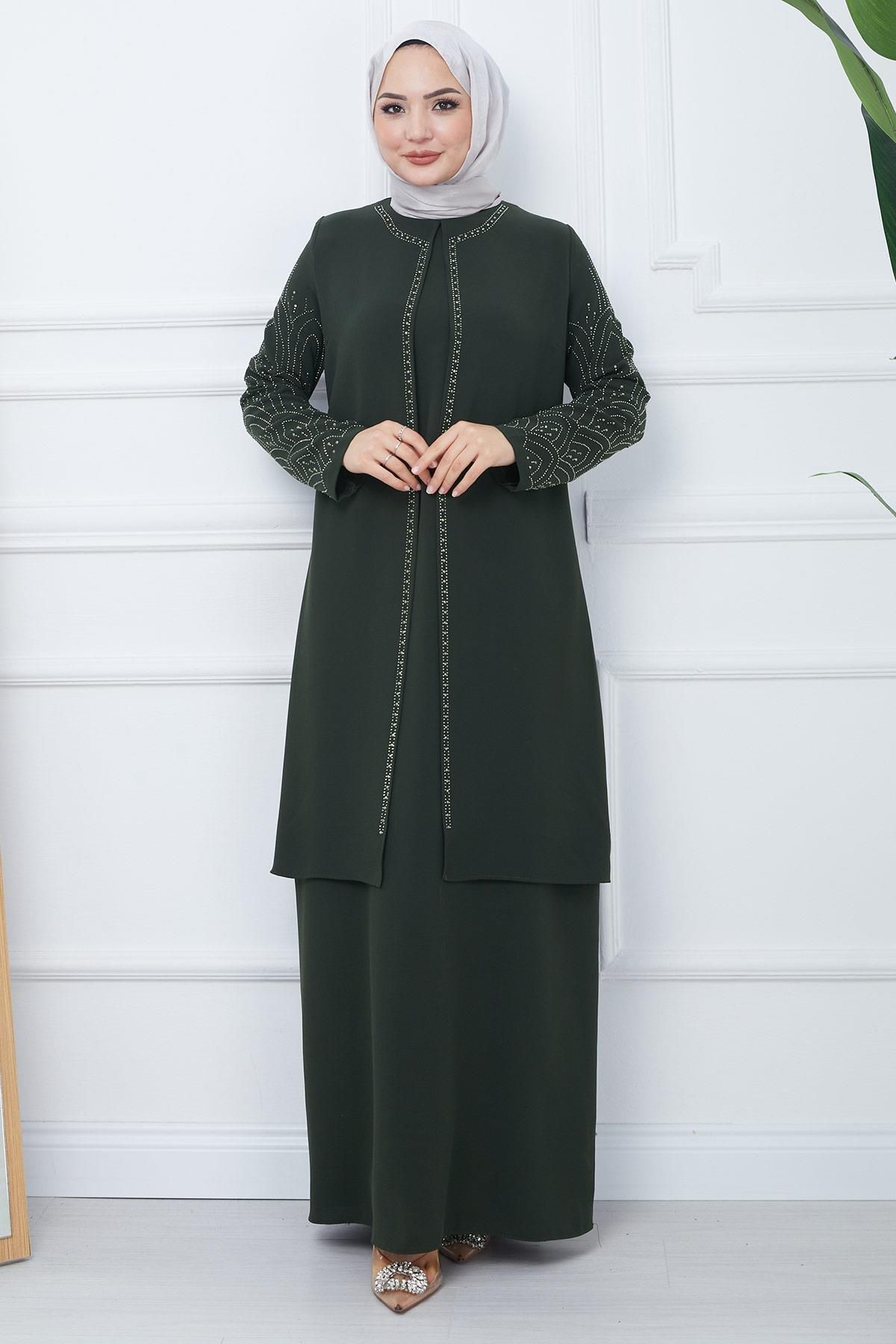 Kolları Taşlı Büyük Beden Anne Elbisesi Haki HM2349 Kolları Taşlı Büyük Beden Anne Elbisesi Haki HM2349