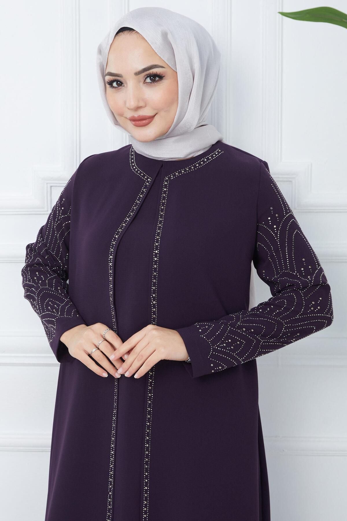 Kolları Taşlı Büyük Beden Anne Elbisesi Mor HM2349 Kolları Taşlı Büyük Beden Anne Elbisesi Mor HM2349