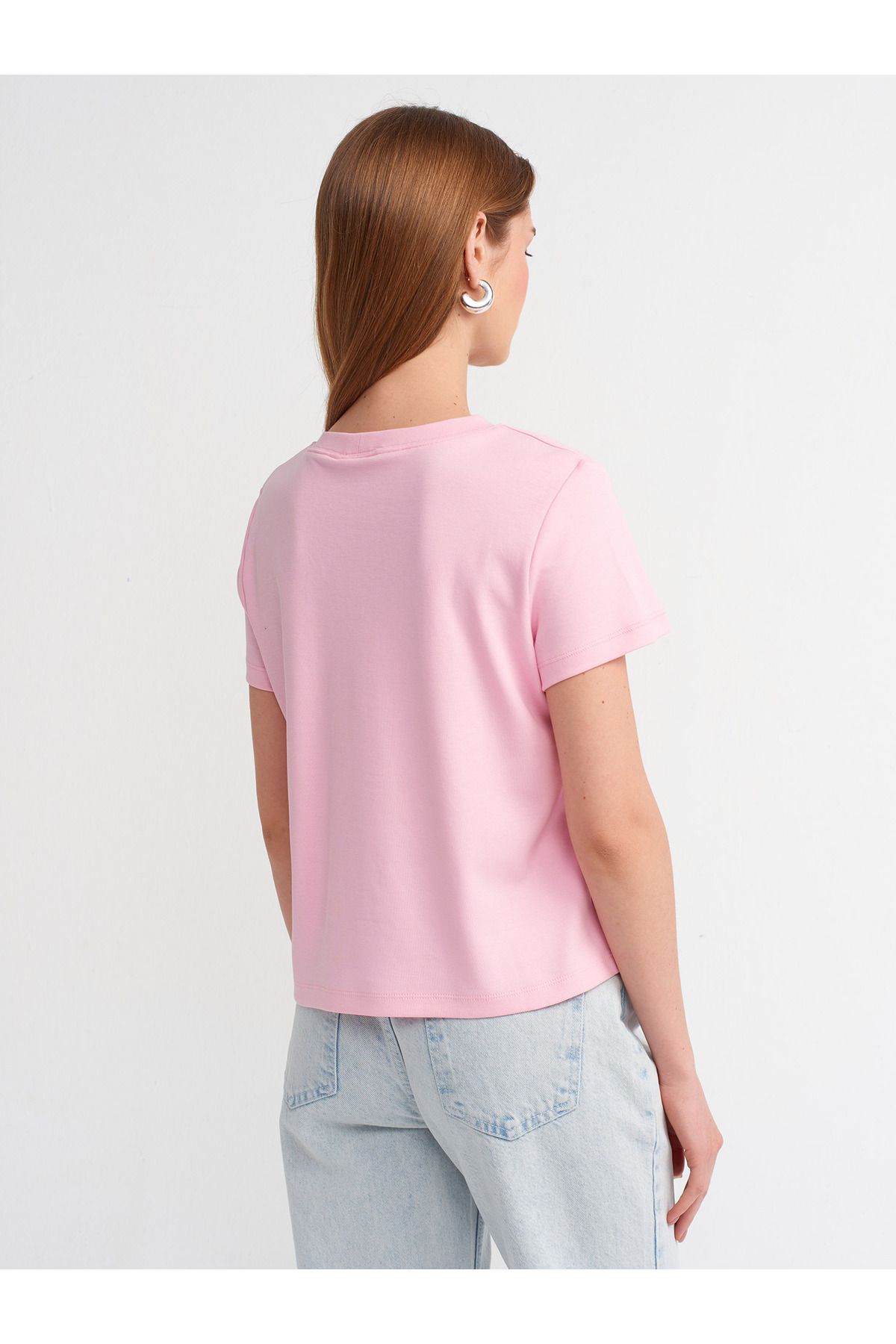 30584 Bisiklet Yaka Pamuklu T-shirt-Toz Pembe